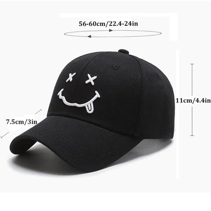 Women's Smile Face Embroidery Baseball Caps Kpop Black Cotton Adjustable Snapback Funny Hip Hop Cap Autumn Sun Dad Hats for Mens