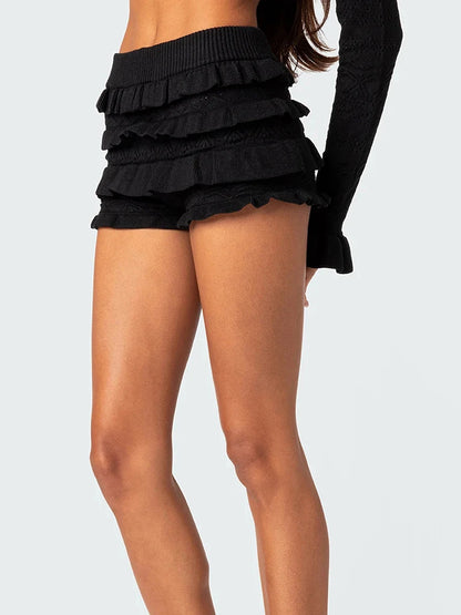 Women Knit Shorts Elastic Waist Layered Ruffle Skirt Shorts Fall Summer Slim Fit Casual Short Pants for Daily Streetwear Trendy