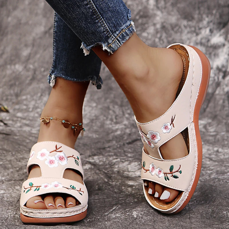 Summer Sandals Shoes Women Peep Toe Shoes Woman Floral Sandals Woman Comfortable Female Slippers Retro Sandals Zapatillas Mujer