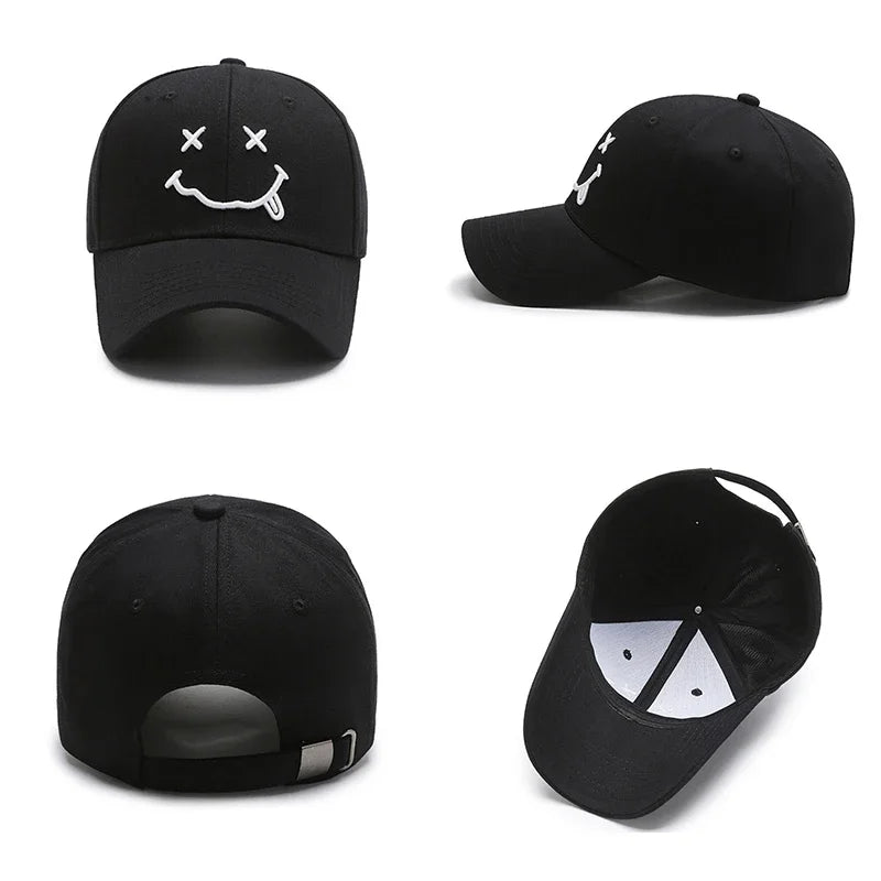 Women's Smile Face Embroidery Baseball Caps Kpop Black Cotton Adjustable Snapback Funny Hip Hop Cap Autumn Sun Dad Hats for Mens