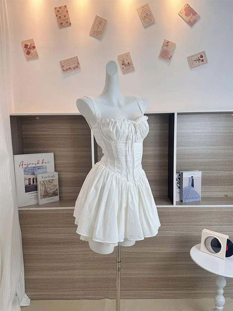 Summer Mori Girl Women Bow A-Line Dress Spaghetti Strap Solid Color Frocks Dress Square Neck Party Tunic Korean Preppy Evening